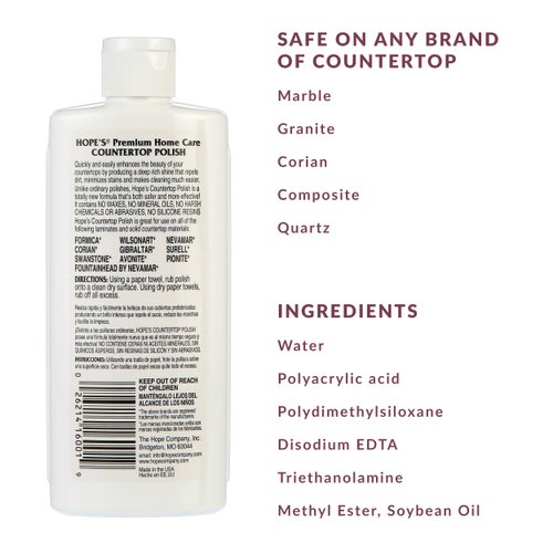 HOPE'S Countertop Restoration Polish - Shines and Protects with No Build-Up - Streak-Free Kitchen Counter Cleaner - Quartz, Marble, Corian, Laminate, Granite Countertop Cleaner, 8 Fl Oz, Pack of 1