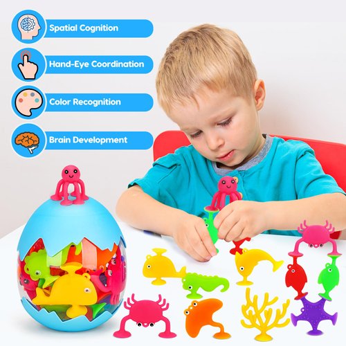 Toddler Suction Bath Toys, Ocean Animal Suction Cup Toys with Eggshell & Bag No Hole Mold Free Bathtub Shower Toy for Kids Sensory Window Building Toy Gifts for 2 3 4 5 Year Old Boys Girls Party Favor
