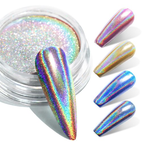 Laza Holographic Nail Powder Rainbow Iridescent Chrome Nail Powder for Gel Polish Mirror Metallic Pigment Powder for Nails Fine Glitter Nail Decorations for Nail Art, Resin- Laser Silver