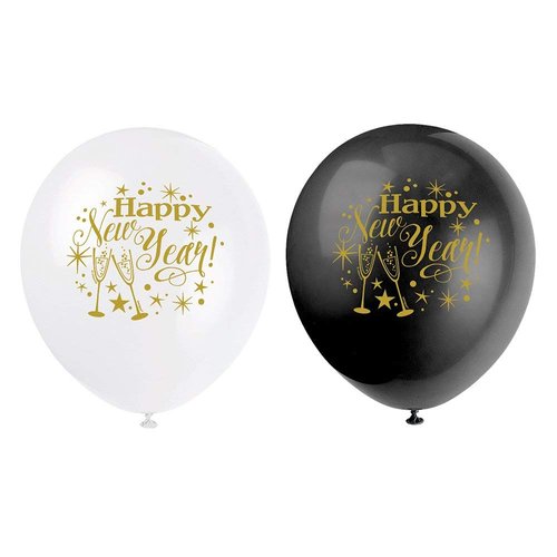 Glittering "Happy New Year" Latex Balloons - 12" (8 Pieces) - Perfect for New Year's Eve Parties and Celebrations