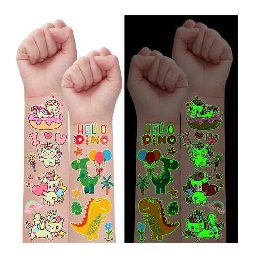 Partywind 24 Sheets Glow Temporary Tattoos for Kids, 215 Luminous Mixed Styles Tattoo Stickers for Party Supplies Favors for Boys and Girls, Cute Toys Goodie Bag Stuffers