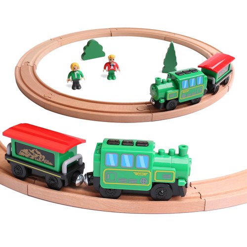 Wooden Train Set for Toddler,14pcs Battery Operated Locomotive Train Included Wooden Train Tracks,Wood Train Toys for 3 4 5 Years Old Boys