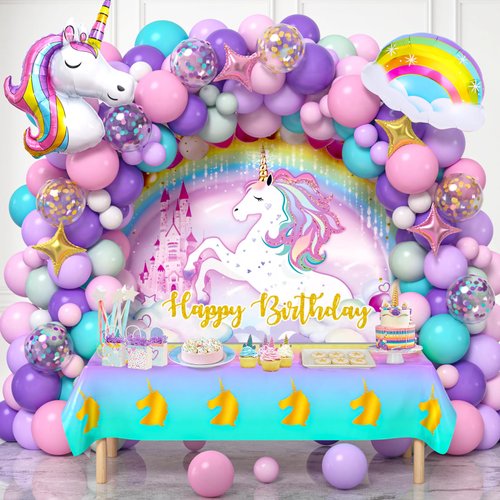 Winrayk 144Pcs Purple Unicorn Party Decorations Birthday Supplies for Girls, Unicorn Balloon Arch Kit Backdrop Tablecloth Foil Balloon, Unicorn Themed Supplies Kid Rainbow Unicorn Birthday Decorations