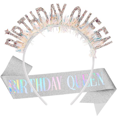Aprince Silver Birthday Headband Birthday Crown Birthday Sash for Women Birthday Tiara Happy Birthday Headband Party Decorations Birthday Crown for Girls