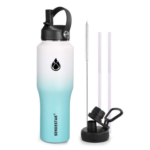 SENDESTAR Water Bottle 32oz,2 Lids(Straw lid),Wide Mouth Stainless Steel Vacuum Insulated Double Wall Keep Liquids Cold or Hot All Day,Sweat Proof Sport Design,Fit Car Cup Holder(White&Tiffany)