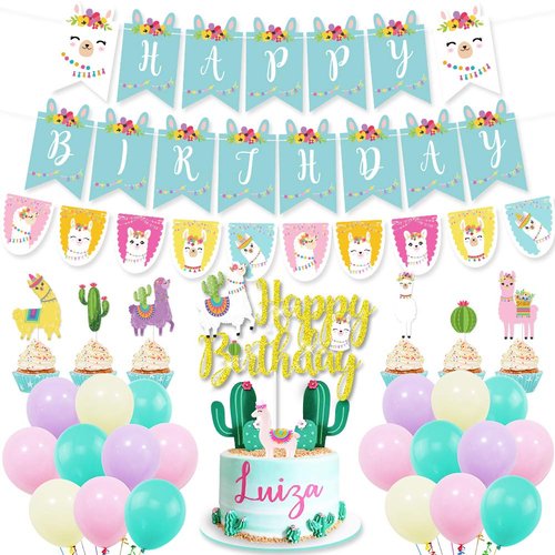 Llama Birthday Party Supplies Cactus Party Decorations with Llama Cactus Birthday Banner Cake Top...