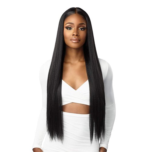 Sensationnel Butta lace front wigs - human hair blend straight 32inch extra wide 5 inch part preplucked hairline HD lace - Butta HHM straight 32 inch (1B OFFBLACK)