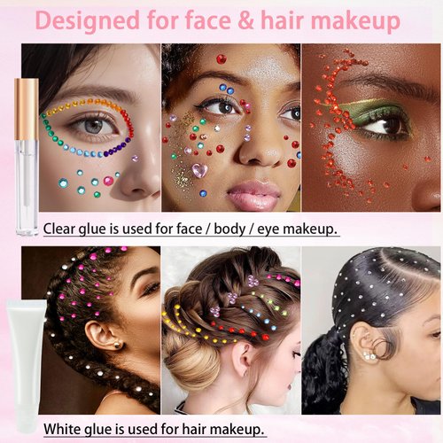 Hair Face Gems Kit with Makeup Glue, Colorful Face Jewels Clear Silver Face Rhinestones, Picker Pencil Tweezer and Brush for Face Eye Hair Body Makeup