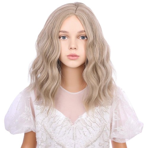 WAVELNM Blonde Wigs for Kids Child Short Dirty Blonde Curly Wavy Wig Girls Ash Blonde Side Part Bob Wigs Synthetic Wig with Wig Cap