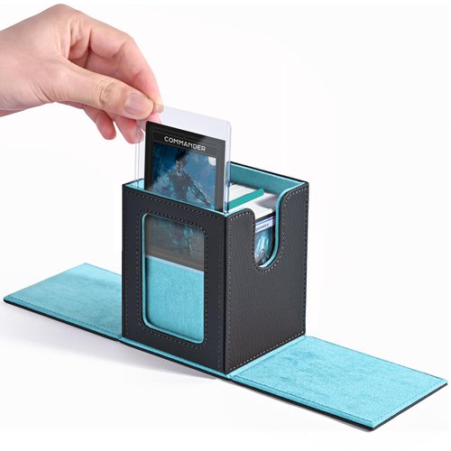 ZLCA MTG Deck Box with Commander Window Display, Trading Card Storage Box Holds 100 Double-Sleeved Cards Suitable for TCG/CCG/PTCG/EDH/Magic/Sport Cards (Grey&Blue)