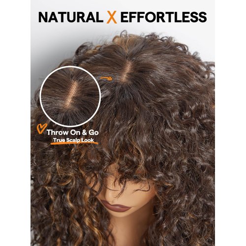 GORGIUS Shaggy Haircuts Natural Highlight Curly Wigs with Bangs Crafted with Style-Archive™ Technology: Premium Fiber & Remy Human Hair Blended, Realistic Look with True Scalp