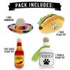Baja Ponchos 4 Pack Fiesta Dog Chew Toys and Sombrero - Mexican Squeak Plush Toys - Dog Gifts for Chihuahuas - Taco - Tequila - Hot Sauce - for All Breeds