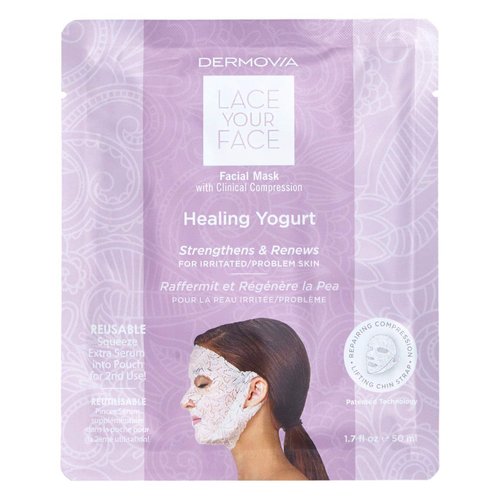 DERMOVIA LACE YOUR FACE Patented Compression Facial Mask, AS SEEN ON SHARK TANK, Reusable Biodegradable Cotton Anti Aging Skin Care, Healing Yogurt Milk, Single