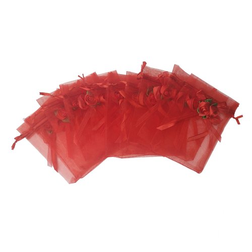 Ankirol 50pcs Sheer Organza Favor Bags for Wedding 3.8x4.8'' Gift Bags Samples Display Drawstring Rose Pouches (hot red)