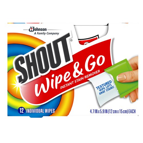 Shout Wipes, Wipe and Go Instant Stain Remover, Laundry Stain and Spot Remover for On-the-Go, 12 Wipes per Carton - 12 Count (Pack of 1)