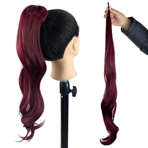 Wine Red Ponytail Extension 99J Pretty Party Hair Extensions Ponytail 32Inch Long Pony Tails Hair Extension Flexible Wrap Around Ponytail Hair Extension Burgundy (32 inch, 99J)