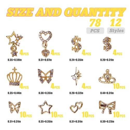 78 Pcs Gold Nail Charms Gem Kit, 12 Styles Alloy Nail Art Charm, Assorted Butterfly Crown Hollow Planets Star Metal Nail Jewelry 3D Nail Gems Charms for Nails Design Nail Art Supplies