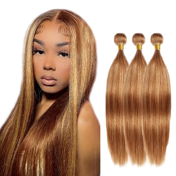 P27/30 Straight Bundles Human Hair Highlight Honey Blonde 3 Bundles 28 28 28 Inch Double Weft Brazilian 8A Virgin Weave Human Hair Extensions 2 Tone Blonde Mixed With Brown Bundles