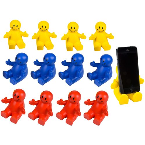 4" Fun Colorful Squeezable Smile Face Guy Phone Holders (12 Pack) Fun Phone Stand Desk Decor Smartphone Stand, Stress Relief Ball, Foam Fidget Toy. Great for Kids and Adults. Red, Blue and Yellow.