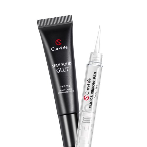 Curvlife 15g Semi Solid Nail Glue Gel with 5ml 3 IN 1Nail Glue Remover, No Need For Uv Light, Gel Glue for Press On Nails, Nial Glue Remover for nails, Click&Remove Pen Design
