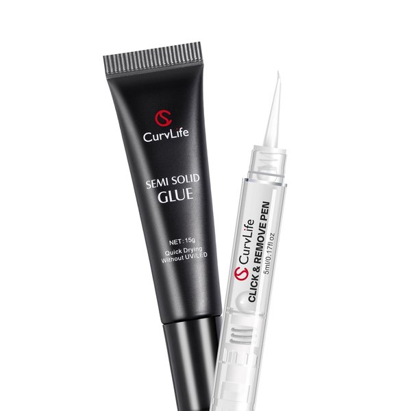 Curvlife 15g Semi Solid Nail Glue Gel with 5ml 3 IN 1Nail Glue Remover, No Need For Uv Light, Gel Glue for Press On Nails, Nial Glue Remover for nails, Click&Remove Pen Design
