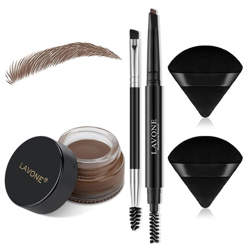 LAVONE Eyebrow Pencil Makeup Kit for Eyebrow Makeup, Make up Brow Kit with Waterproof Eyebrow Pencil, Eyebrow Pomade, Powder Puff and Dual-ended Eyebrow Brush - Khaki Brown