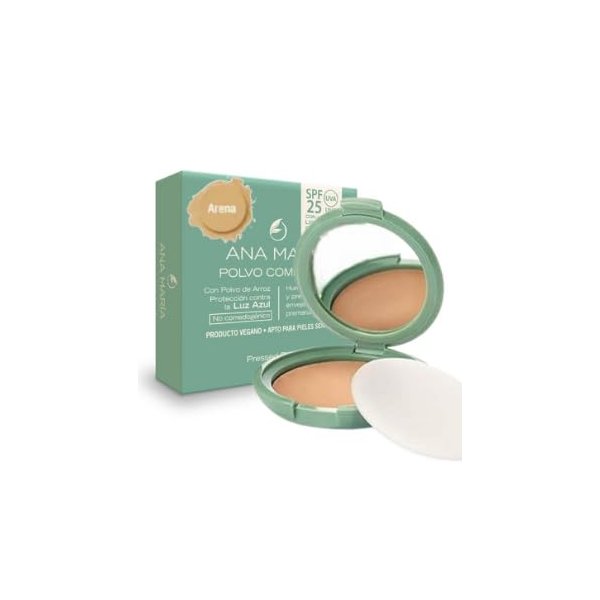 Ana Maria Maquillaje Cosmeticos | Polvo Facial Compacto Arroz Aloe Vera FPS 20 UVA | Make up Pressed Powder SPF 20 0.5oz-14gr (Arena | Sand (13))