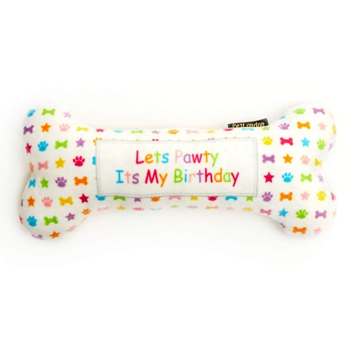 Pet London Birthday Bone Dog Toy - Celebrate Your Dog's Birthday - Plush Rainbow Pattern Dog Bone