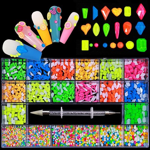 Yzzseven 12 Types of 600 Diamonds +2500 Flat Rhinestones Mix 20 Styles Flatback Rhinestone Crystals 3D Decorations Flat Back Stones Gems Set for for Nail Art DIY|（Fluorescence）