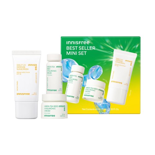 innisfree Hydrate + Protect Mini Set of Korean Serum, Cream and Suncreen with Green Tea and Hyalu...