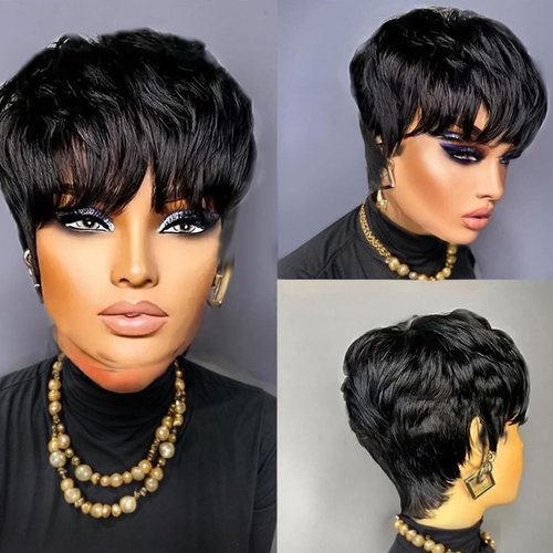 Short Pixie Cut Wigs Human Hair Short Wigs For Black Women Glueless Wigs Pre Plucked Short wigs With Bangs For Daily Use Natural Black 1B