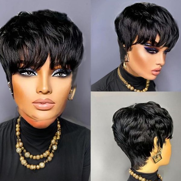 Short Pixie Cut Wigs Human Hair Short Wigs For Black Women Glueless Wigs Pre Plucked Short wigs With Bangs For Daily Use Natural Black 1B