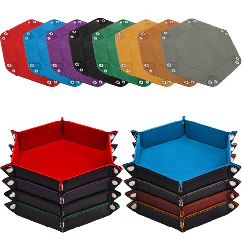 SIQUK 8 Pieces Dice Tray Hexagon Folding Dice Rolling Tray PU Leather Dice Trays Dice Holder Storage Box for D&D RPG Dice Games (Red,Blue,Violet,Black,Green,Yellow,Camel,Gray)
