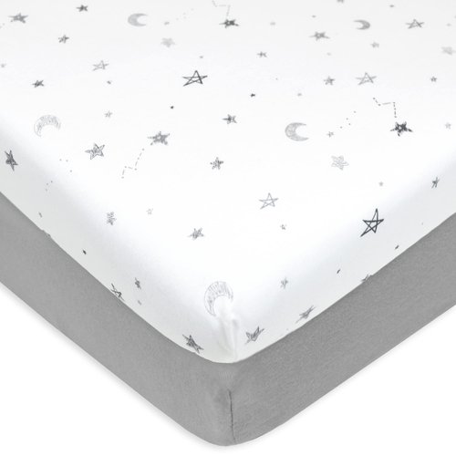 American Baby Company 2 Pack Fitted Mini Crib Sheet 24" x 38", Soft Breathable Neutral 100% Cotton Jersey Portable Sheet, Gray Stars and Gray, for Boys and Girls, Fits Most Pack N Play Mattresses