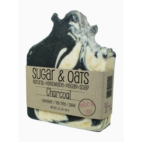 Sugar and Oats, Activated Charcoal, Bentonite Clay Soap with Exfoliating Jojoba Beads, Essential Oil Blend of Lavender, Tea Tree, and Sage, Face and Body Vegan Soap, Handmade Cold Press Skincare