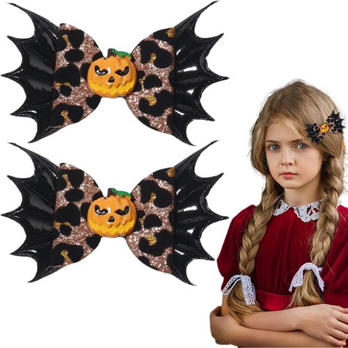 HIFANMM Halloween Hair Clips Funny 3D Pumpkin Hair Accessories for Women Girls Black Bat Wing Bow Hairpins Leopard Print Alligator Hair Barrettes Clip for Halloween Party Cosplay Supplies Decor 2Pcs