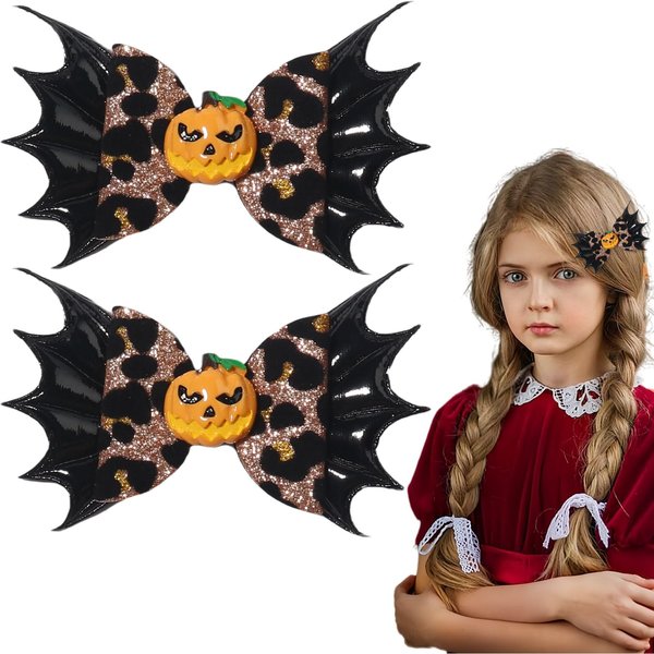 HIFANMM Halloween Hair Clips Funny 3D Pumpkin Hair Accessories for Women Girls Black Bat Wing Bow Hairpins Leopard Print Alligator Hair Barrettes Clip for Halloween Party Cosplay Supplies Decor 2Pcs