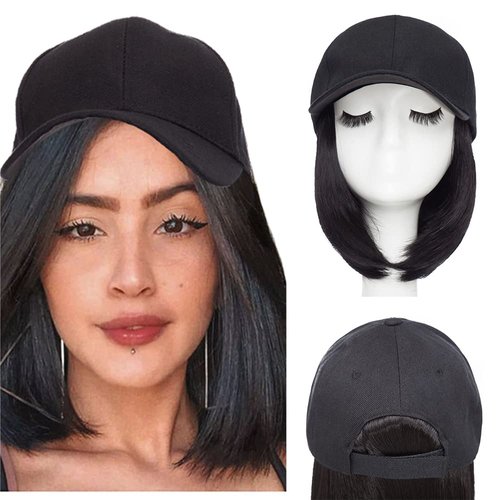 Hairro Hat Wig Hair Extension Baseball Hat with Hair Attached Short Bob Hairstyle Adjustable Synthetic Cap Hair Extensions For Women Chemo Wig 11" 170g #2A Natural Black