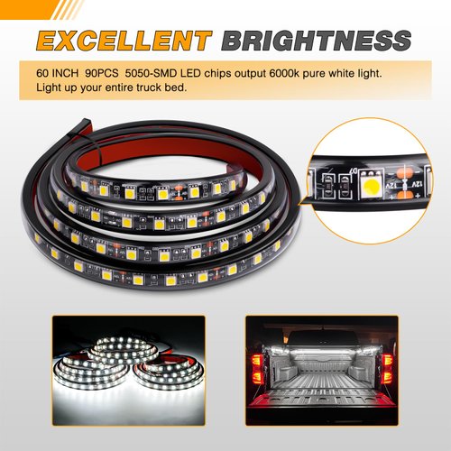GOOACC Truck Bed Light Strip 3PCS 60" 270 LEDs White Led Strip Lights Waterproof for 12 Volt Truck Cargo Pickup SUV RV Boat Lights, w/On/Off Switch Blade Fuse Splitter Cable, 2 Years Warranty