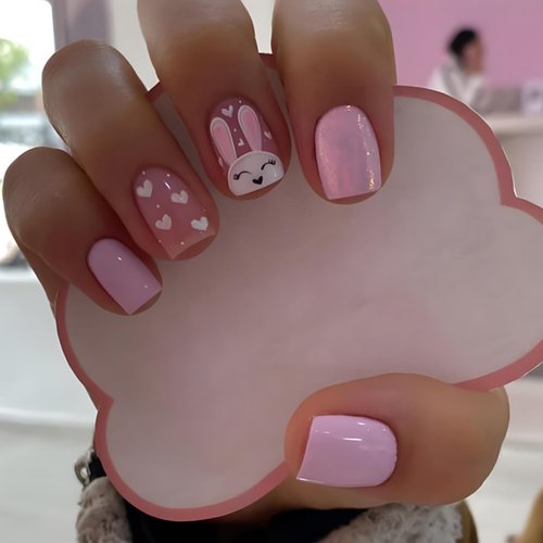 24 Pcs Pink Square Press on Nails Easter Short Fake Nails Cute Bunny False Nails with Love Heart Designs Square Full Cover Nail Tips Glossy Glue on Nails Easter Nails Reusable Stick on Nails for Women