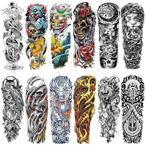 Halloween Full Arm Temporary Tattoo for Men, 12 Sheets Skull Skeleton Sleeve Tattoos Temporary, Demon Horrible Fake Tattoos That Look Real, Tigers, Dragon, Japanese, Wolf