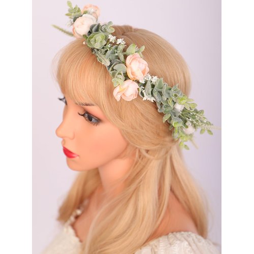Wiwpar Boho Flesh Floral Headband Flower Garland Wedding Photo Prop Leave Headpiece Flower Wreath Headband with Adjustable Ribbon for Women Party Birthday Gift Halloween Costume Accesso (Flesh)