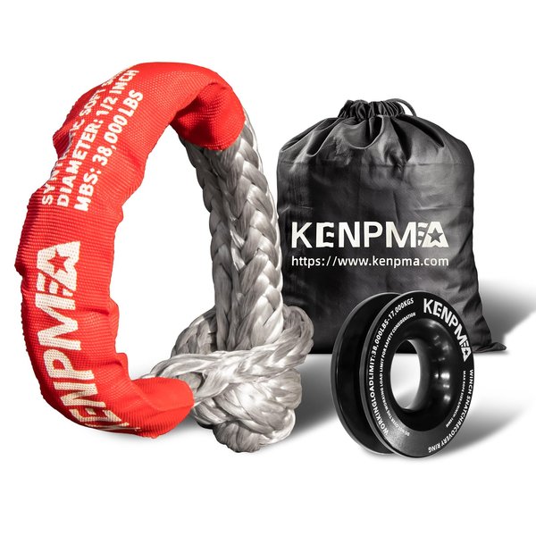 KENPMA 1/2" x 22" Synthetic Soft Shackle Recovery and Snatch Ring Kit - Winch Tow Rope with Aluminum Pulley for ATV, UTV, SUV, Truck Off-Road Towing (1/2" x 22" Gray Shackles + Black Ring)