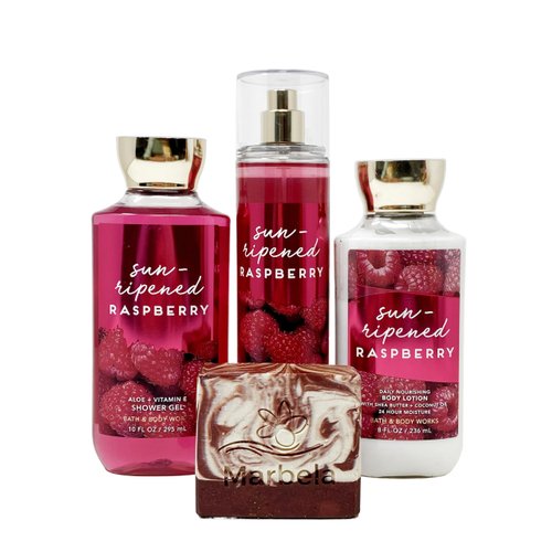 Bath & Body Works Sun-Ripened Raspberry - Trio Gift Set - Fine Fragrance Mist, Body Lotion and Shower Gel with a Cherry On Top Soap.
