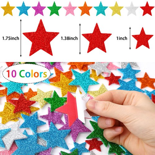 JULBEAR Colorful Glitter Star Foam Sticker, 300Pcs Stars Shapes Glitter Self Adhesive Foam Stickers for Kids Party Favors Toddler DIY Crafts Supplies Home Decorations