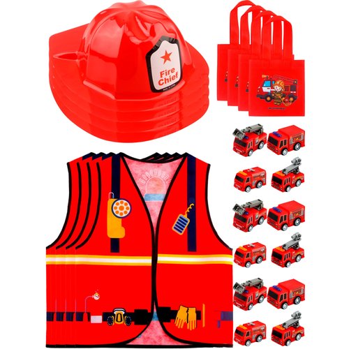 24 Pcs Kids Firefighter Costume Set Fireman Dress Up Vest Clothing With Mini Pullback Firetruck Toy for Boys Girls Birthday Halloween Party Favors