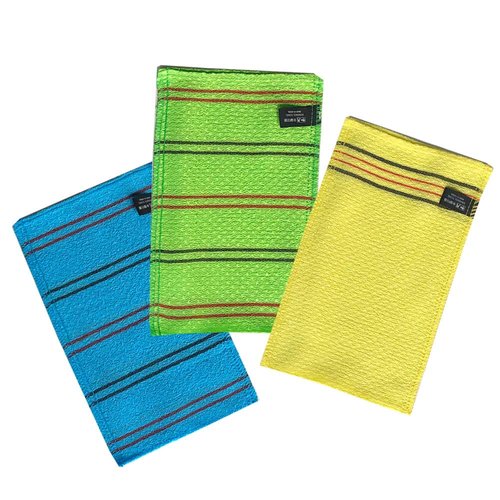 NOPIGO Korean Exfoliating Mitt Body Scrub Washcloth (Long 3 Pack) (Blue Yellow Green)