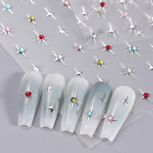 Star Nail Stickers for Nail Art, 3D Self Adhesive Nail Decals 6 Sheets Gold Silver White Black Nail Design Glitter Nail Art Stickers Cute Star Nail Art Accessories for Women DIY Nail Decorations