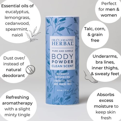 Body Powder for Men and Women, Dusting Powder, Foot Powder, Talc Free, Cornstarch Free, Clean Scent with Essential oils of Lemongrass, Eucalyptus and Spearmint, Ora's Amazing Herbal