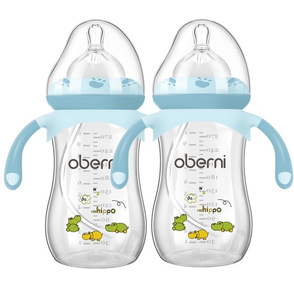 Oberni Baby Bottles, Weighted Straw Toddler Milk Bottles with Non-Slip Handle, Size + Variable Fast Flow, 12+ Months, BPA-Free, Blue/2Pack/9oz